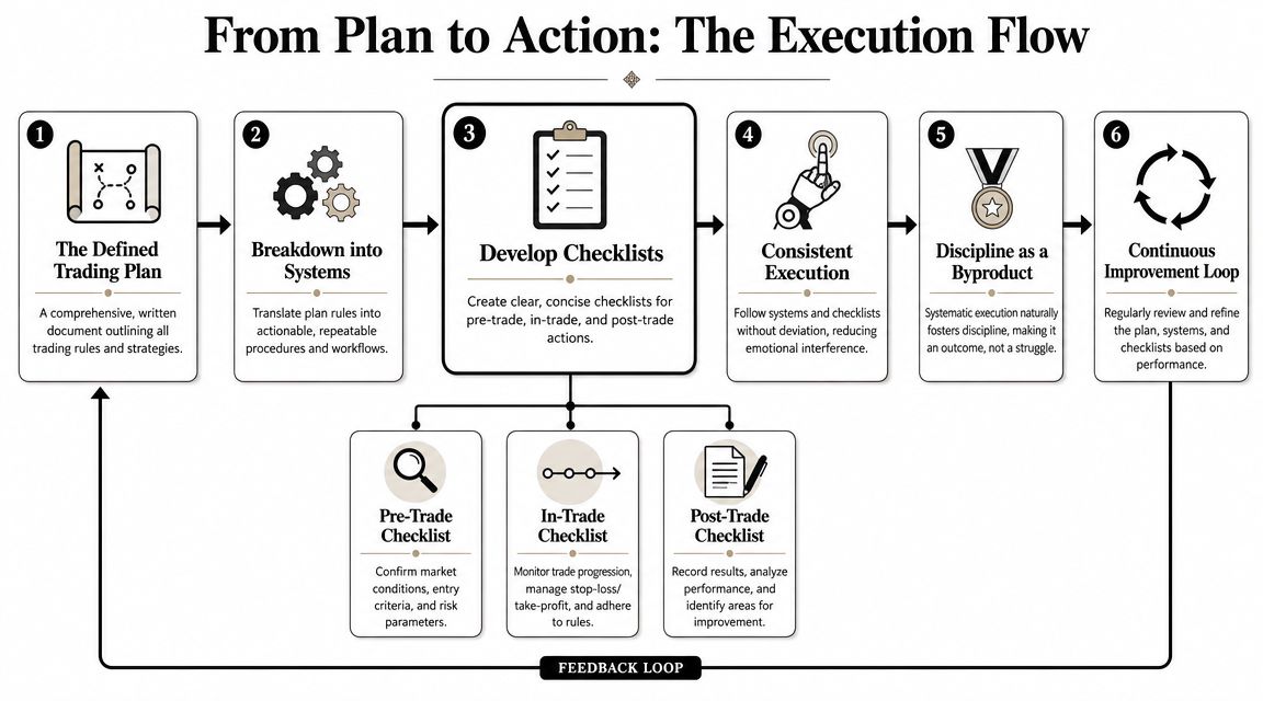 A flow chart illustrating the six-step process for moving from a trading plan to consistent execution.