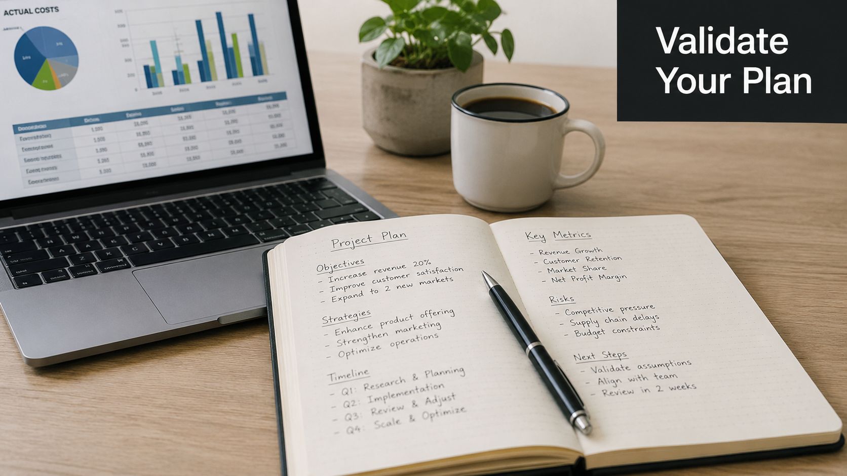 A laptop and an open notebook displaying a project plan on a wooden desk with coffee.