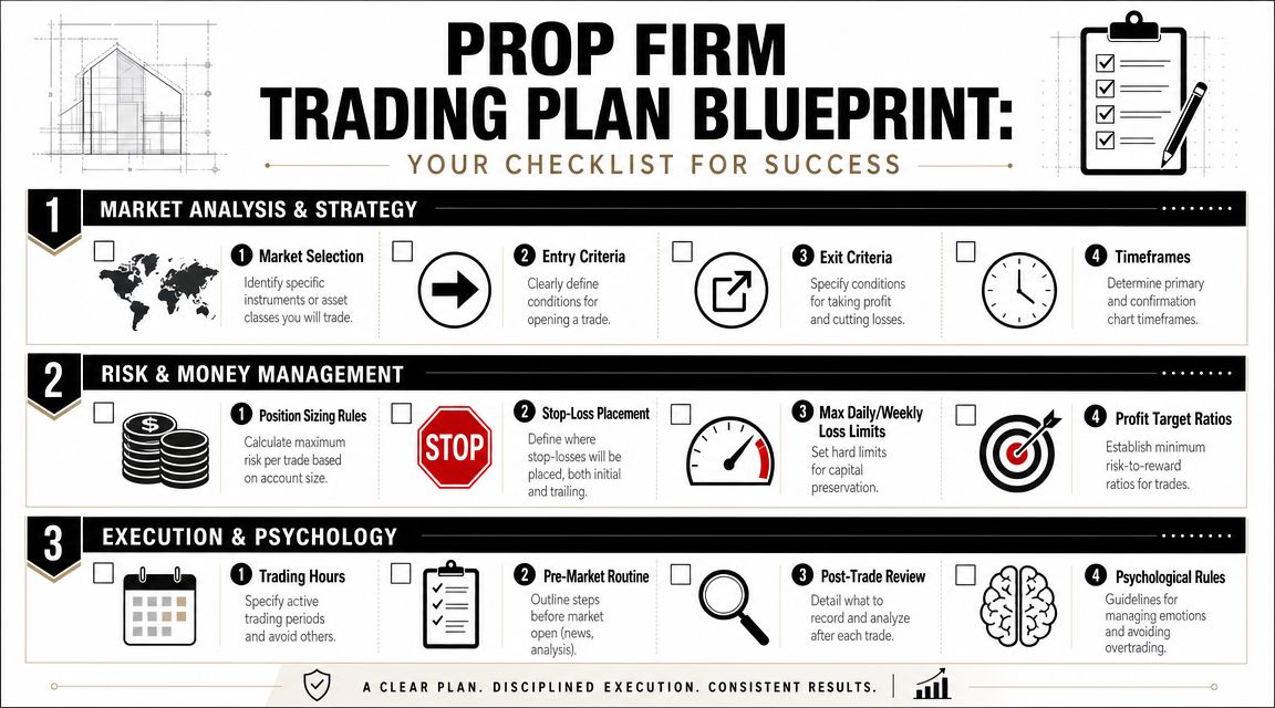 A comprehensive checklist titled Prop Firm Trading Plan Blueprint for successful financial market trading strategies.
