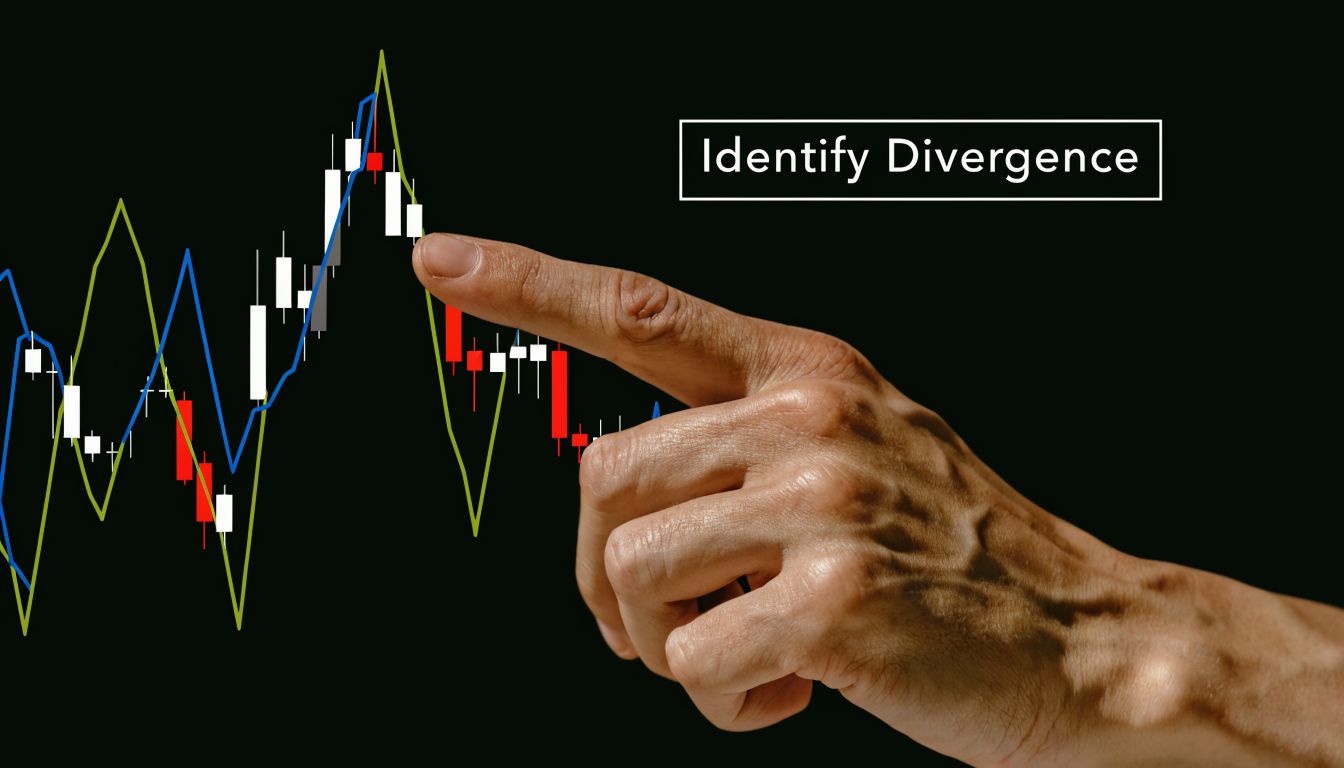 A hand pointing at a financial chart on a black background, highlighting the concept of market divergence.