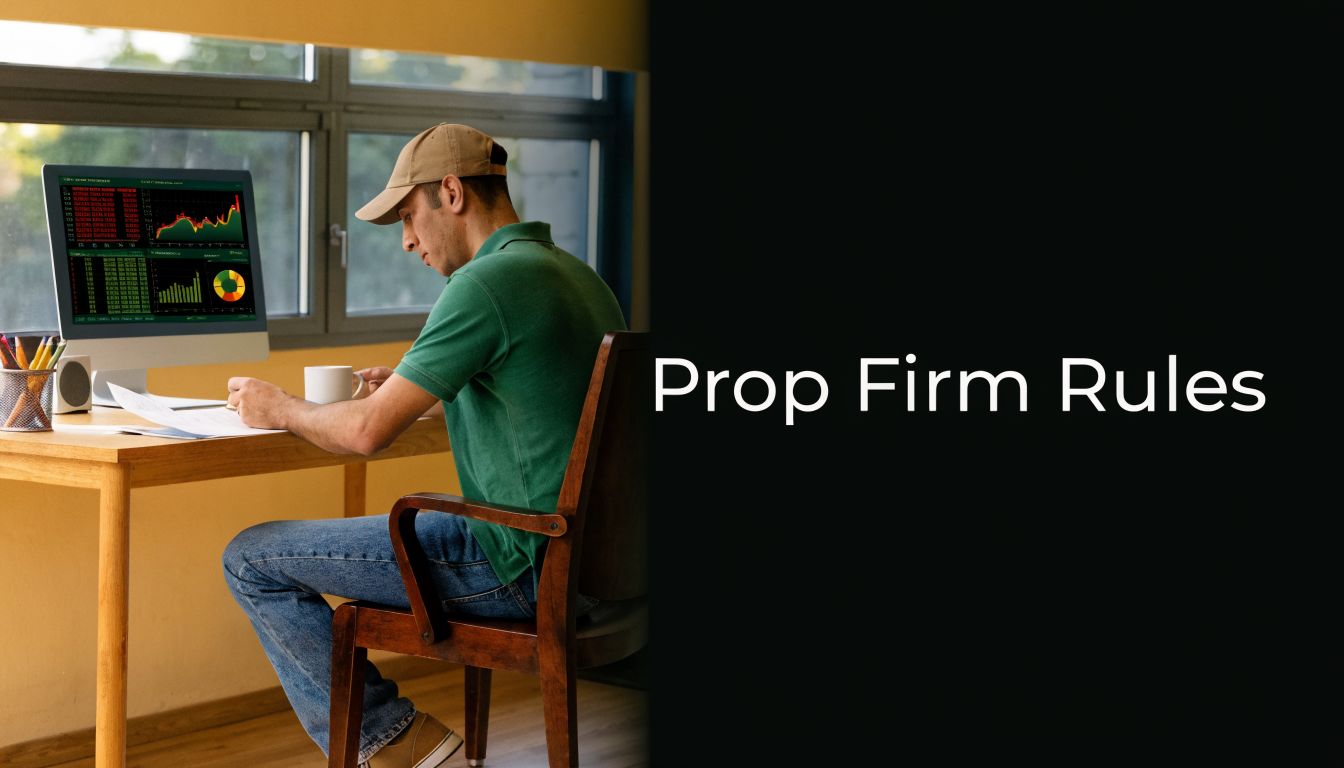 A trader wearing a cap and green shirt works on financial charts at a desk.