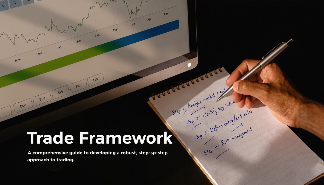 A person writing a trading framework step-by-step guide on a notebook next to a trading chart.