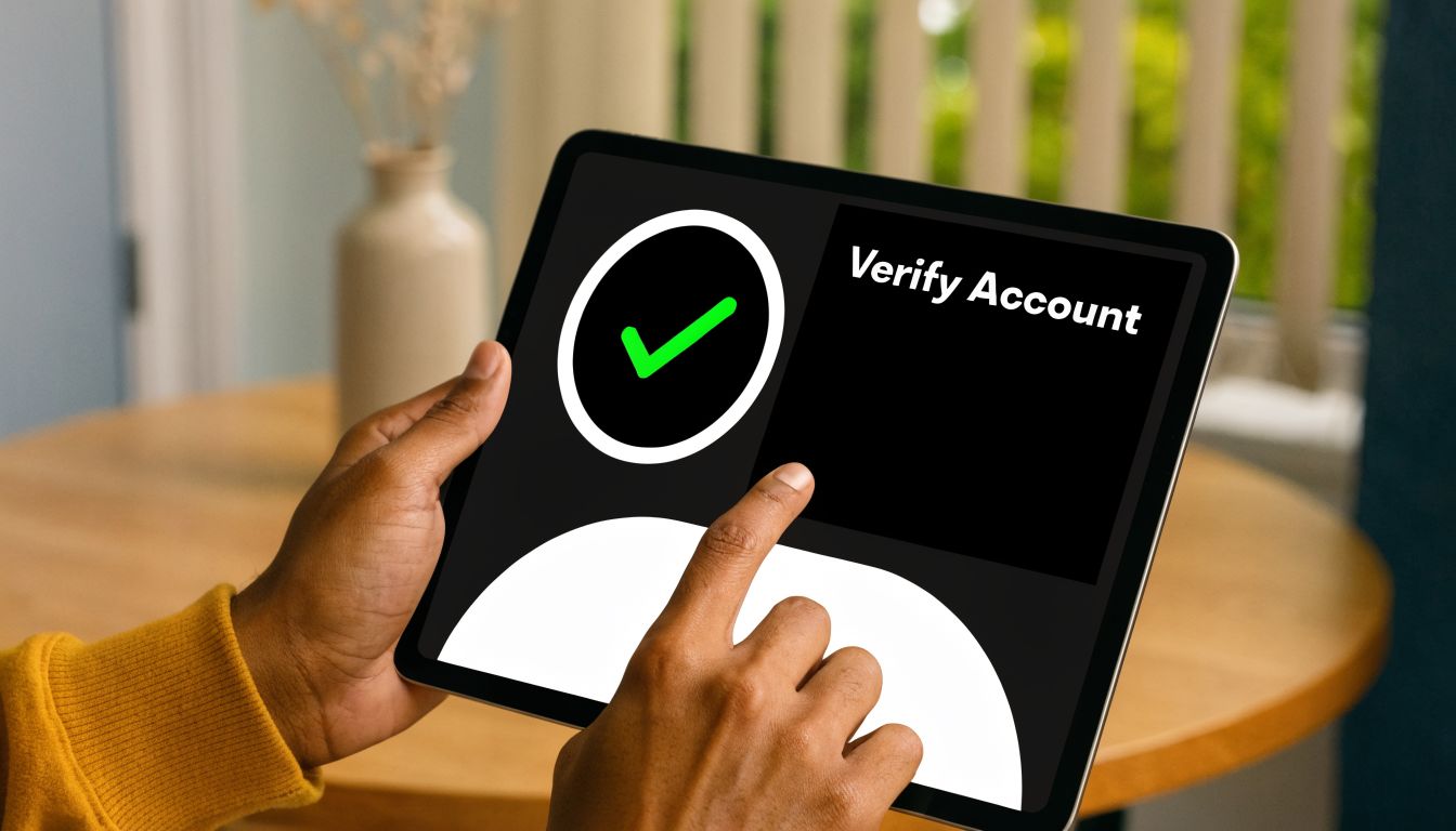 A person using their finger to interact with a tablet displaying a successful verify account screen.