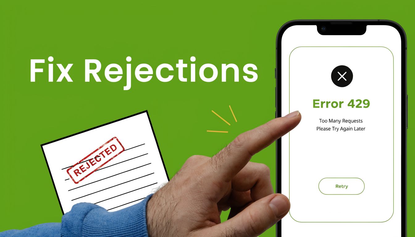 A smartphone screen displaying an error 429 message while a hand points to it.