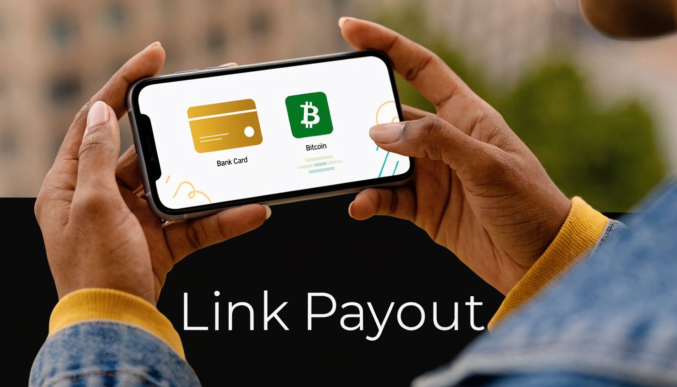 A person holding a smartphone showing an interface for selecting bank card or bitcoin payout options.