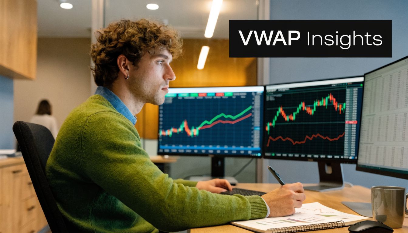 A young professional analyzing financial stock market data on multiple computer screens while taking notes at a desk.