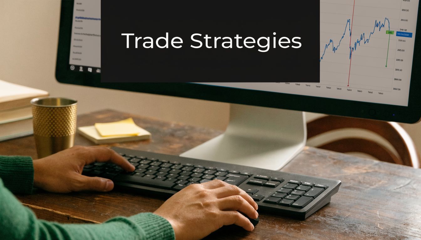 A person working at a desk using a computer to analyze financial trading strategies and charts.