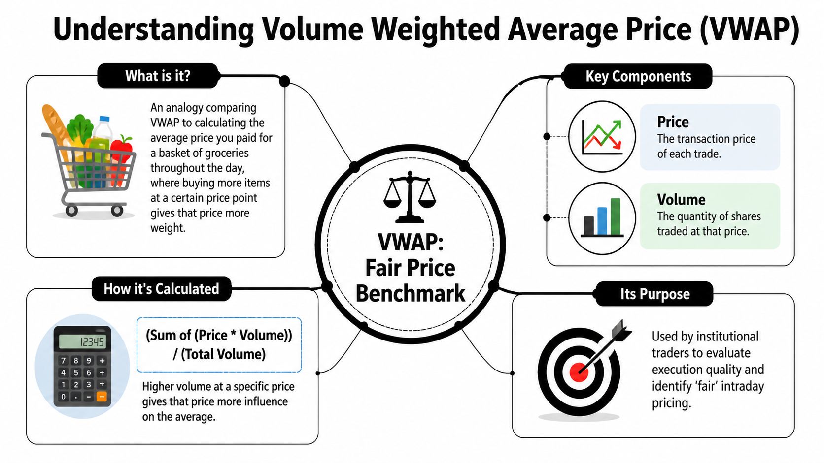 An infographic explaining the Volume Weighted Average Price (VWAP) as a fair market price benchmark.
