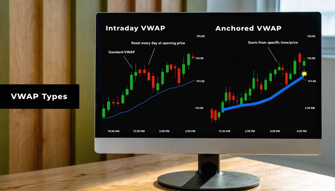 A computer screen displaying a comparison chart between Intraday VWAP and Anchored VWAP trading indicators.