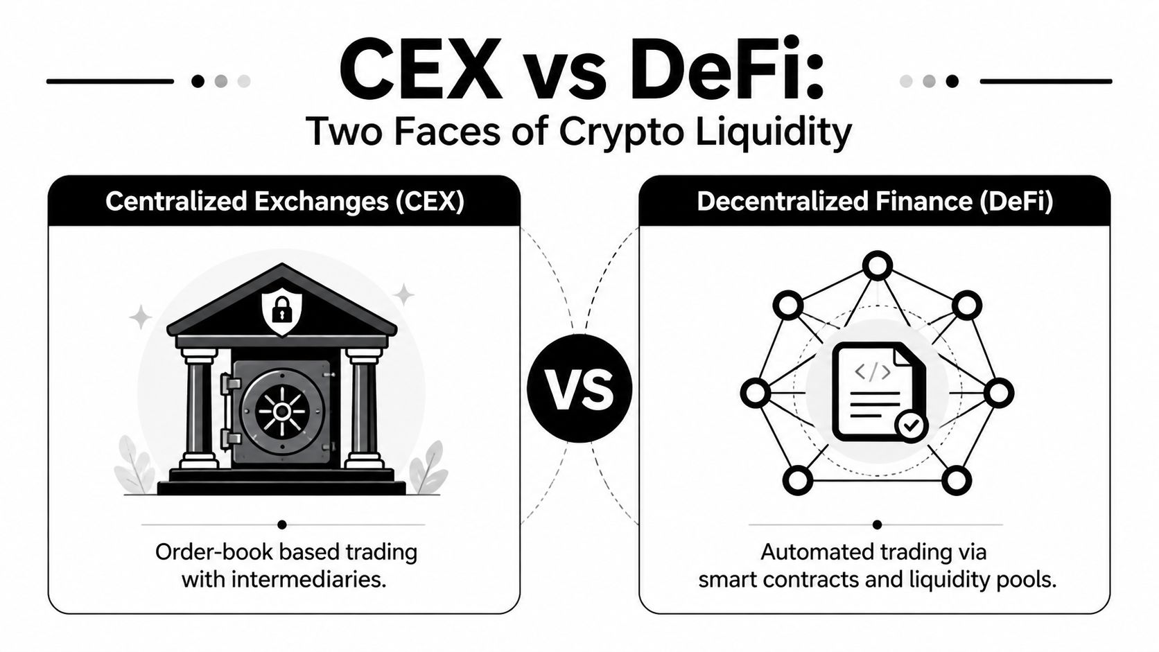 A comparison infographic between centralized exchanges and decentralized finance showing their different trading mechanisms and structures.