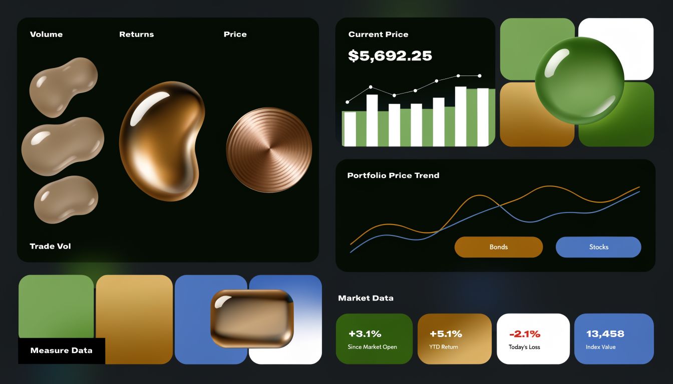 A sleek digital financial dashboard showcasing market data, portfolio trends, trade volume, and current asset prices.