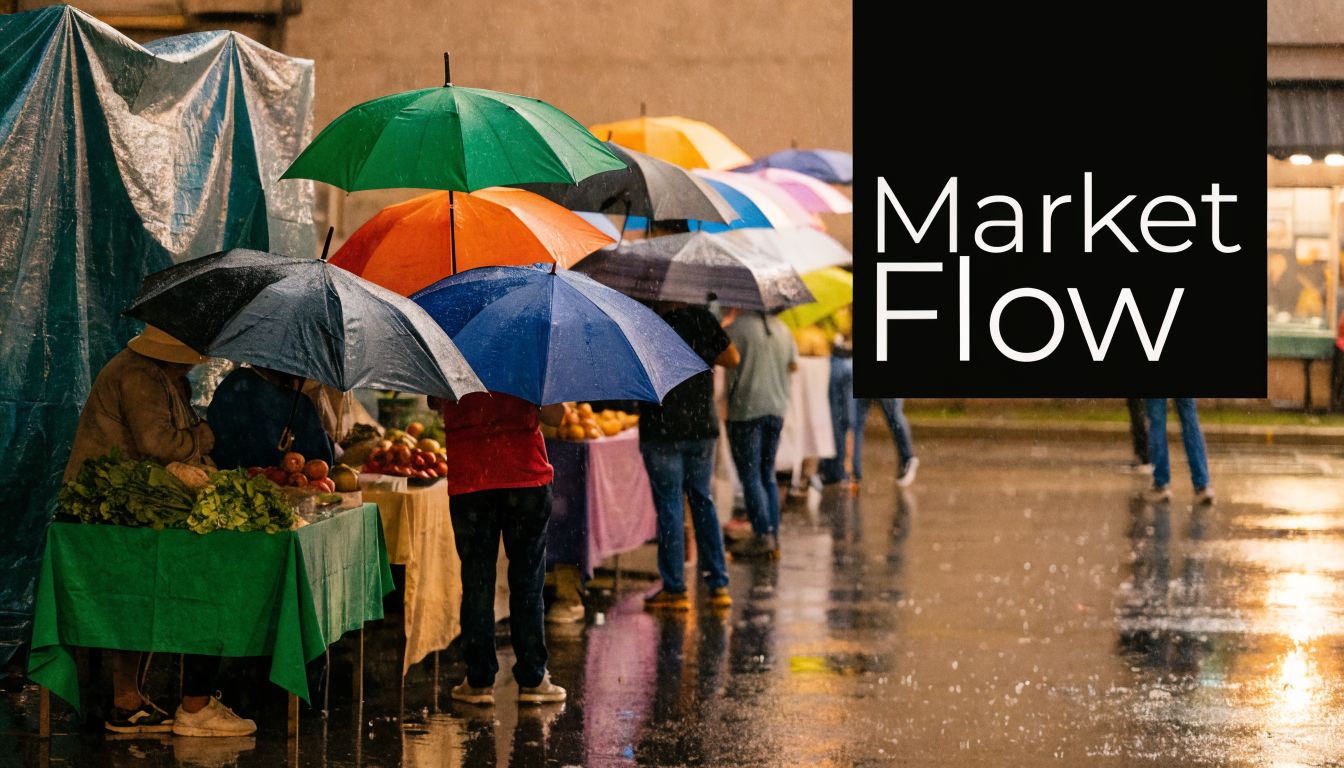 A rainy outdoor market scene with people standing under colorful umbrellas at various vendor stalls.