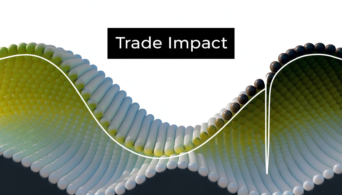 A 3D abstract visualization of a wavy chart representing market volatility and trade impact in finance.