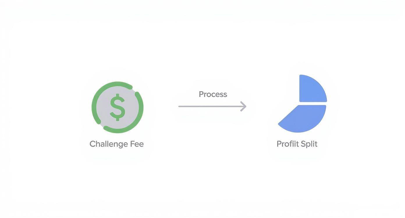 Diagram illustrating the process from a challenge fee, represented by a dollar coin, to a profit split.