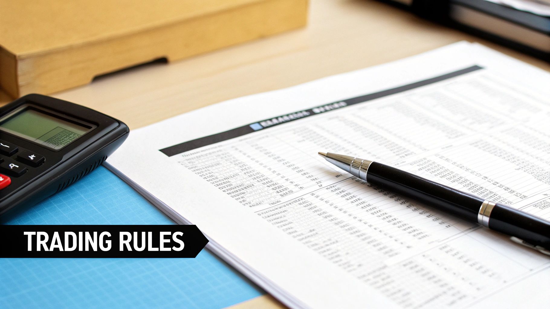 A close-up of a desk with a calculator, a pen, and financial documents with 'TRADING RULES' text overlay.