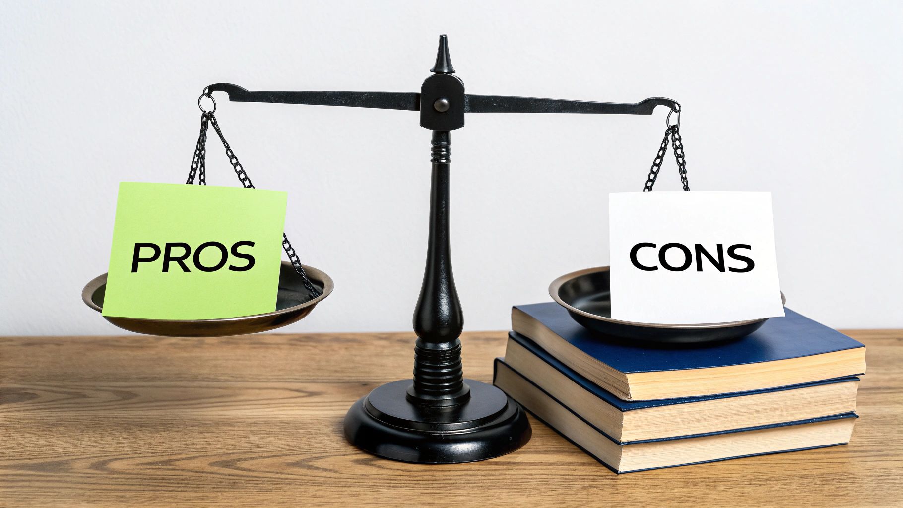 A balance scale with 'PROS' on a green note and 'CONS' on a white note, weighing options.