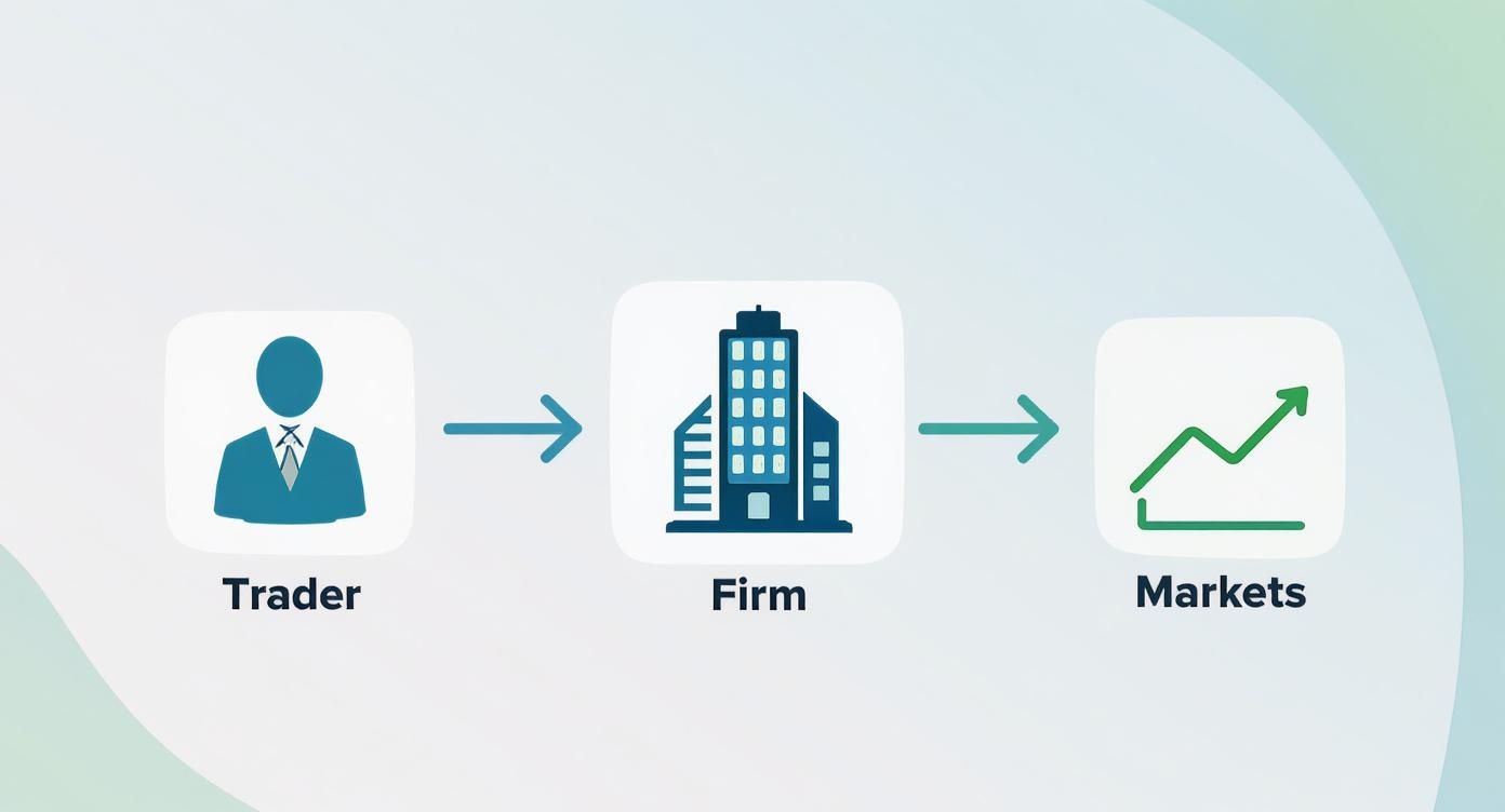 Diagram showing a trader, firm, and markets, illustrating the trading process flow.
