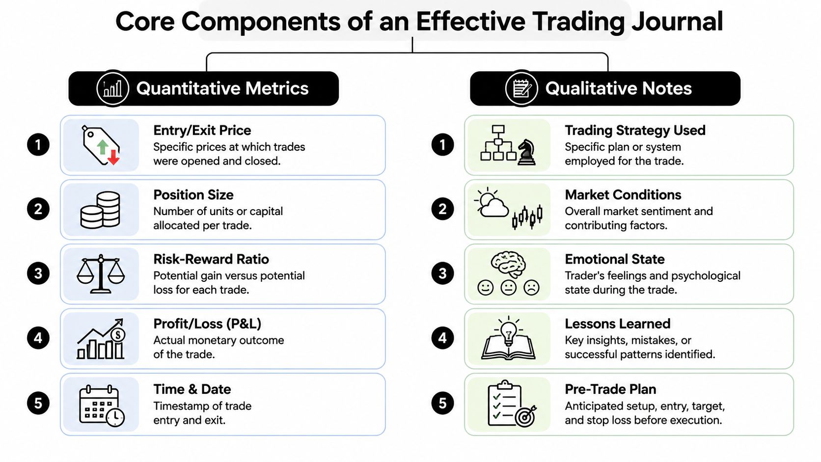 An infographic showing the core components of an effective trading journal, including quantitative metrics and qualitative notes.