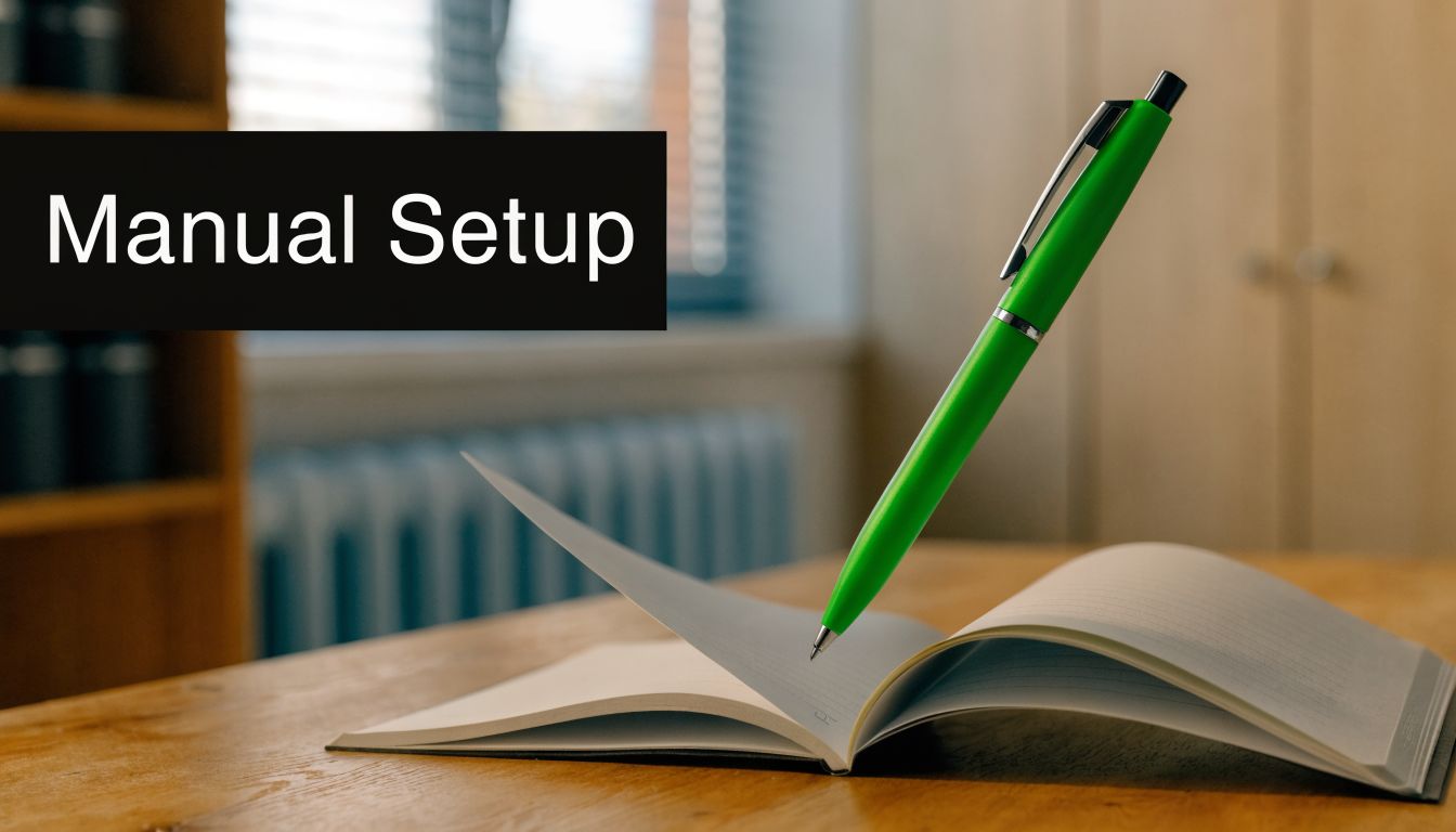 A floating green pen about to write in an open notebook on a wooden desk.