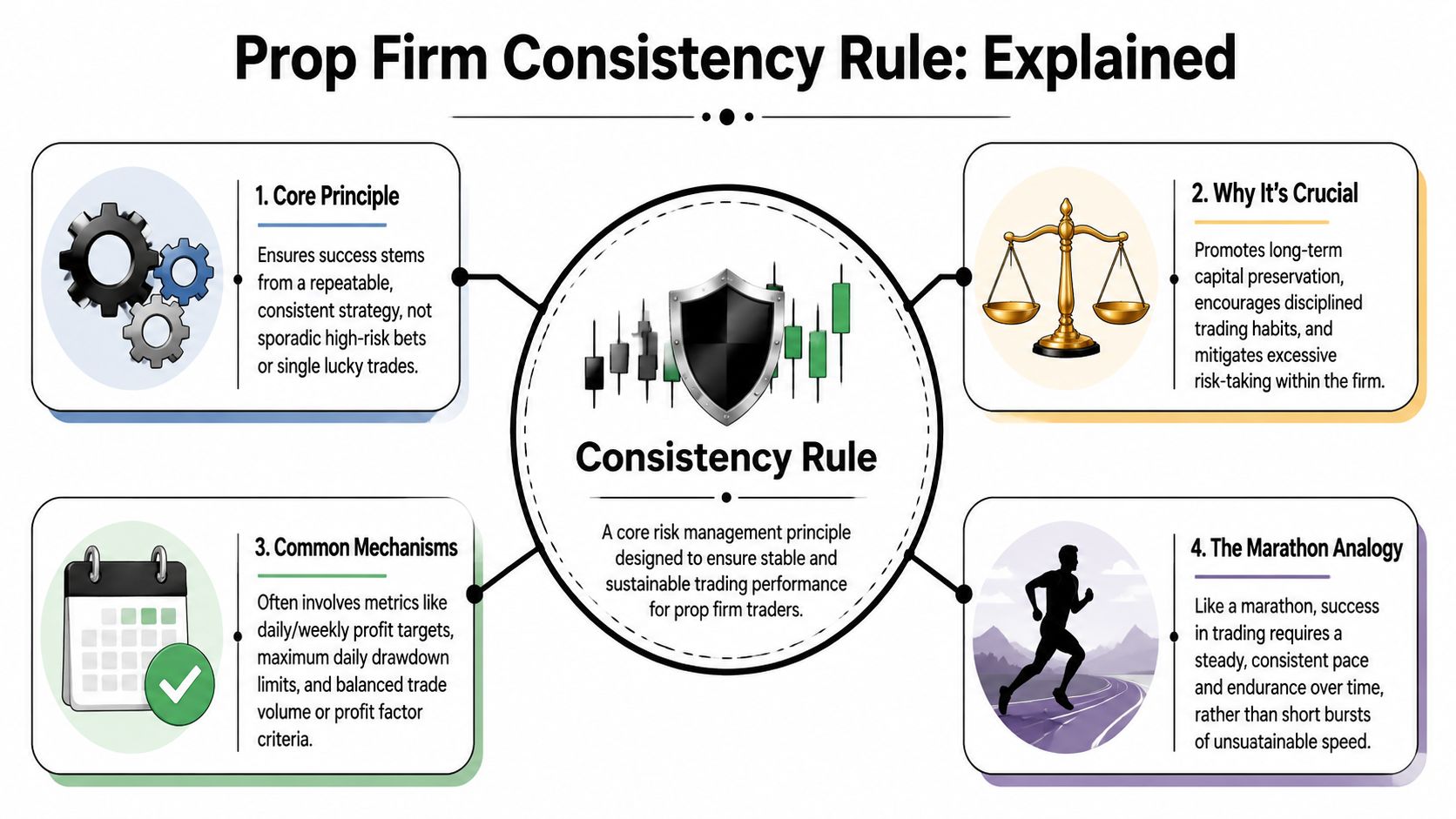 An infographic explaining the consistency rule for prop firm traders with four key aspects and a central definition.