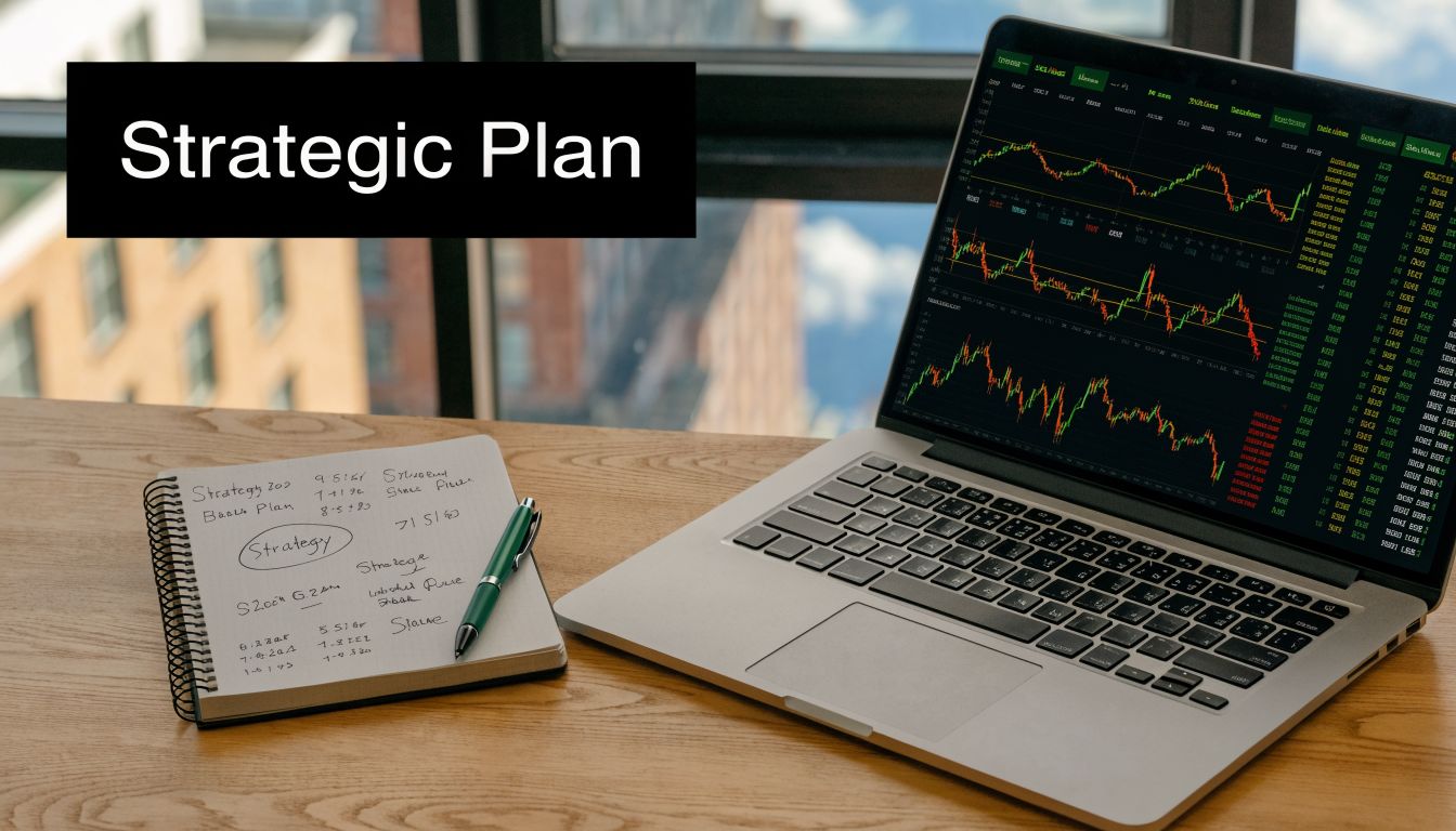 A laptop displaying financial market charts next to a notepad with handwritten strategic planning notes on a desk.