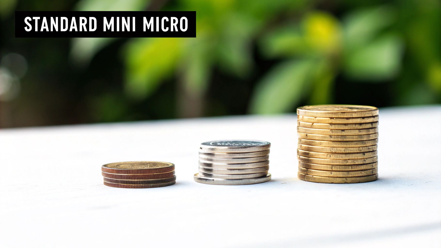 Three stacks of coins in increasing height, representing micro, mini, and standard lot sizes.