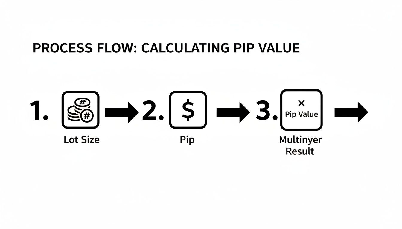 Process flow diagram showing how to calculate pip value using lot size and pip.