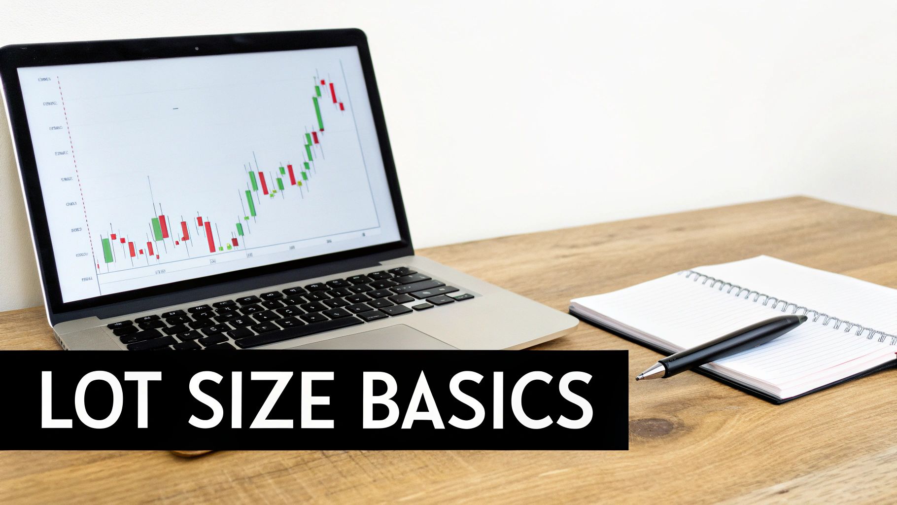 A laptop displaying a stock chart, an open notebook, and a pen on a wooden desk, emphasizing 'LOT SIZE BASICS'.