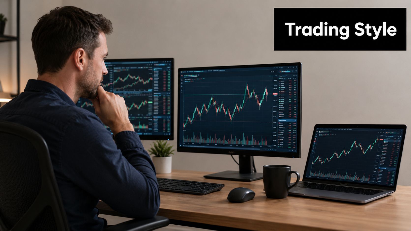 A professional trader sitting at a desk analyzing multiple stock market charts on computer screens.