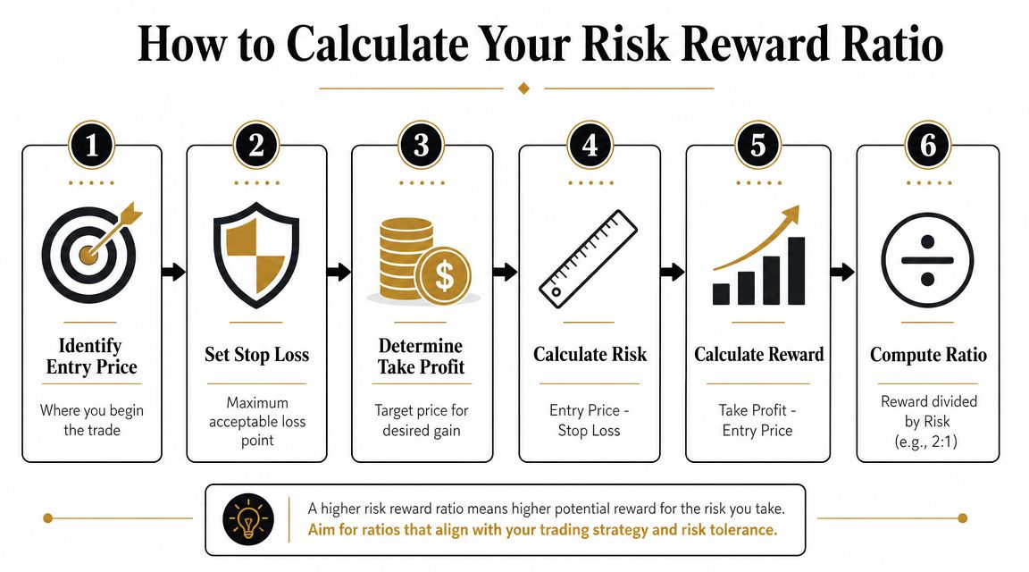 A six-step infographic illustrating the process of calculating the risk reward ratio for financial trading.