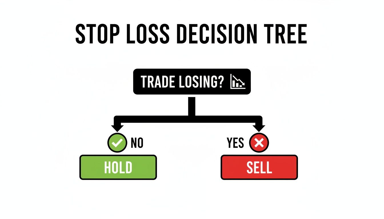 A stop loss decision tree flowchart showing 'Trade Losing?' leading to 'Hold' or 'Sell'.