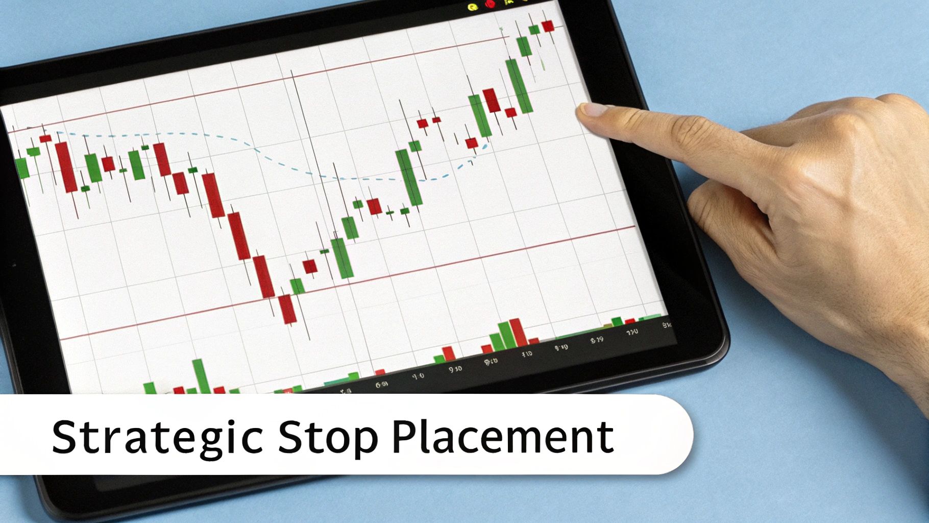 A hand points at a financial candlestick chart on a tablet, displaying 'Strategic Stop Placement'.