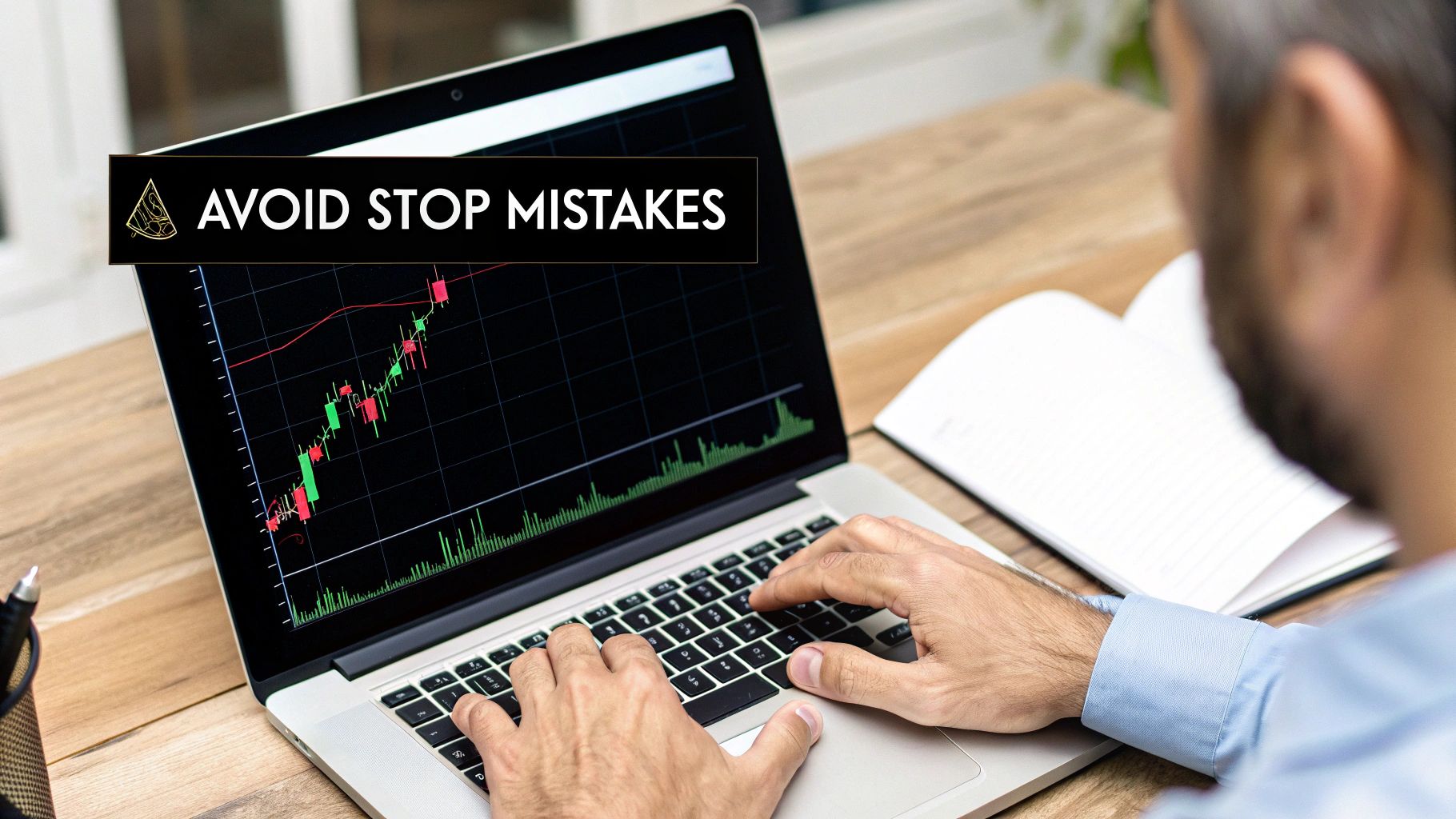 Man using a laptop displaying a financial trading chart with a banner 'AVOID STOP MISTAKES'.