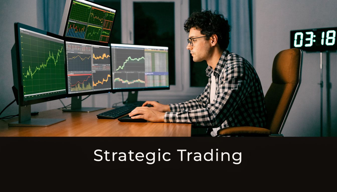 A focused trader analyzing multiple stock market charts on several computer monitors in a dark room.
