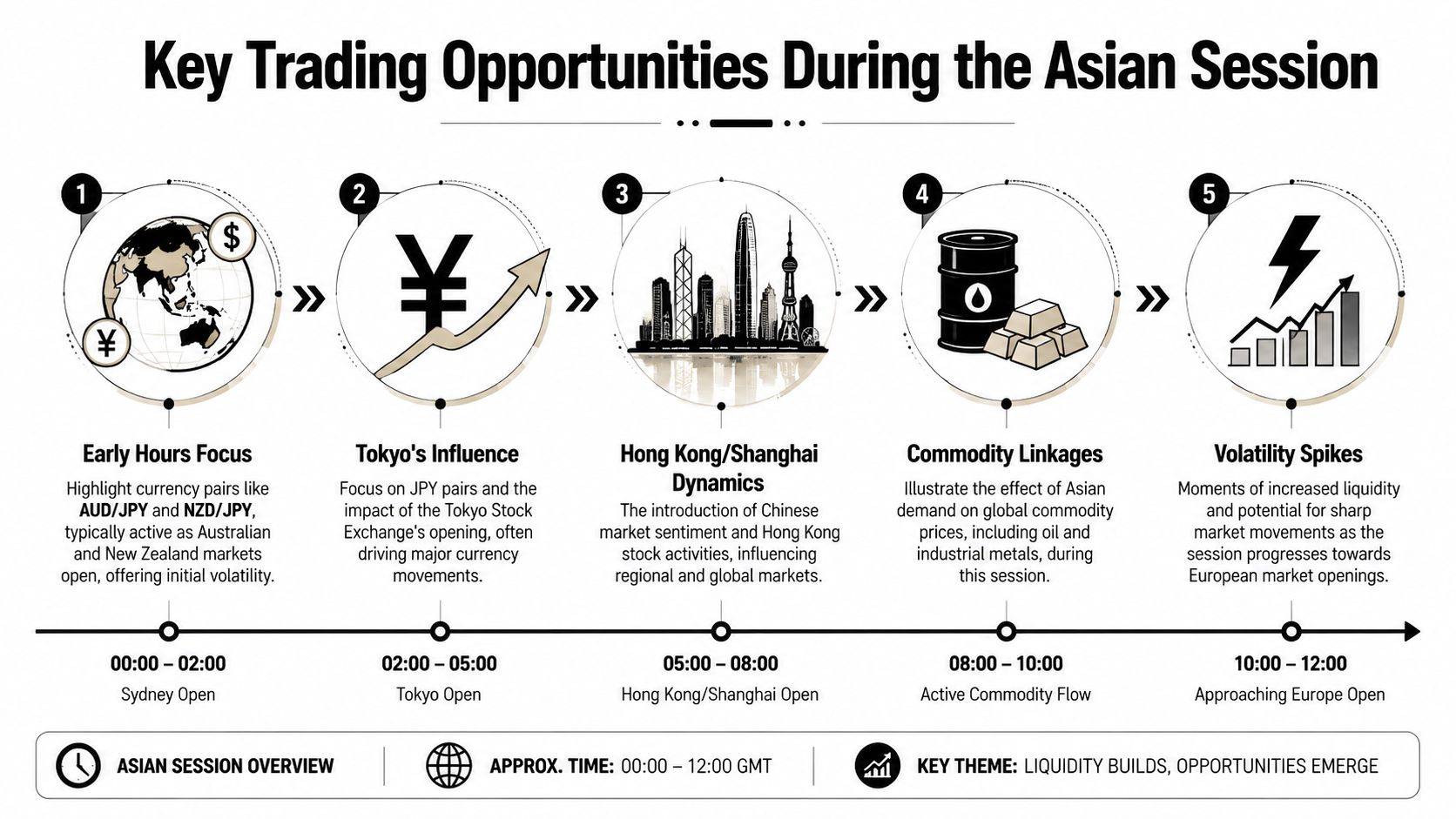 An infographic showing the timeline and key trading opportunities during the Asian financial market session.