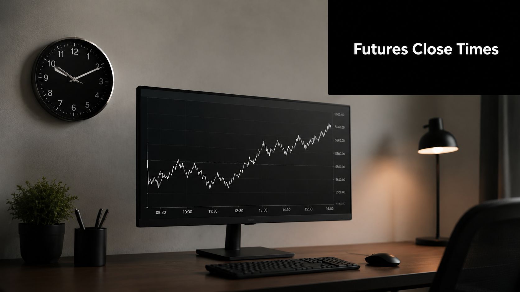 A professional workspace featuring a computer monitor displaying a rising financial futures market chart.