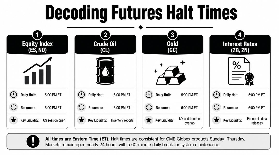 A chart showing daily maintenance halt and resume times for Equity, Oil, Gold, and Interest Rate futures.