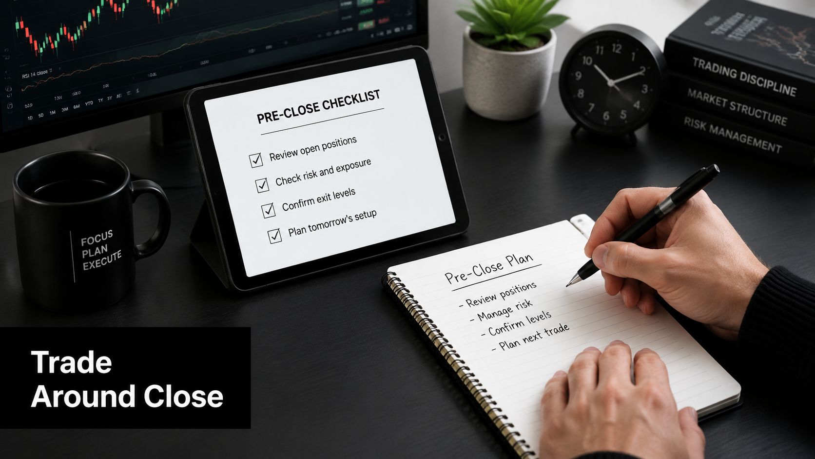 A trader writing a pre-close plan in a notebook next to a tablet showing a checklist.