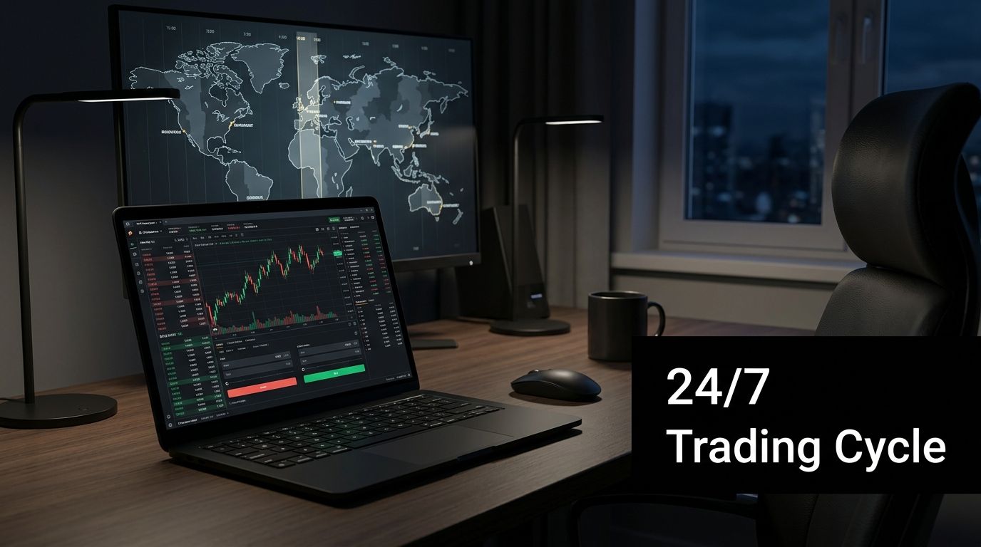 A modern home office desk featuring a laptop showing trading charts and a world map monitor.