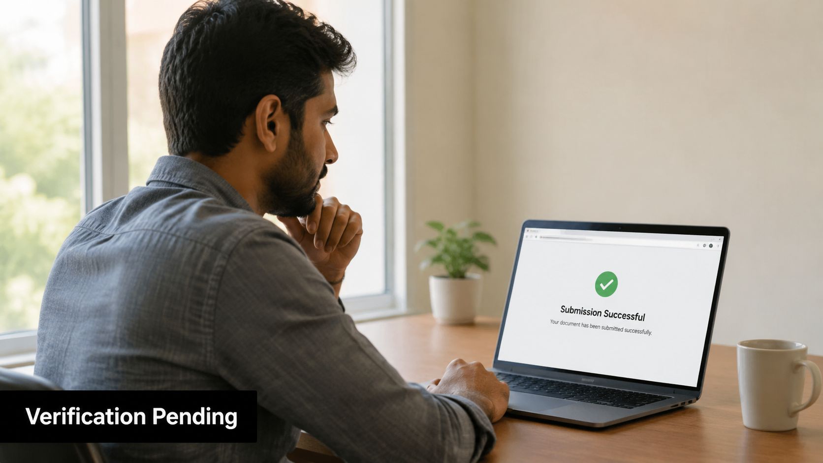 A man looks at a laptop screen displaying a successful submission message for an online application process.