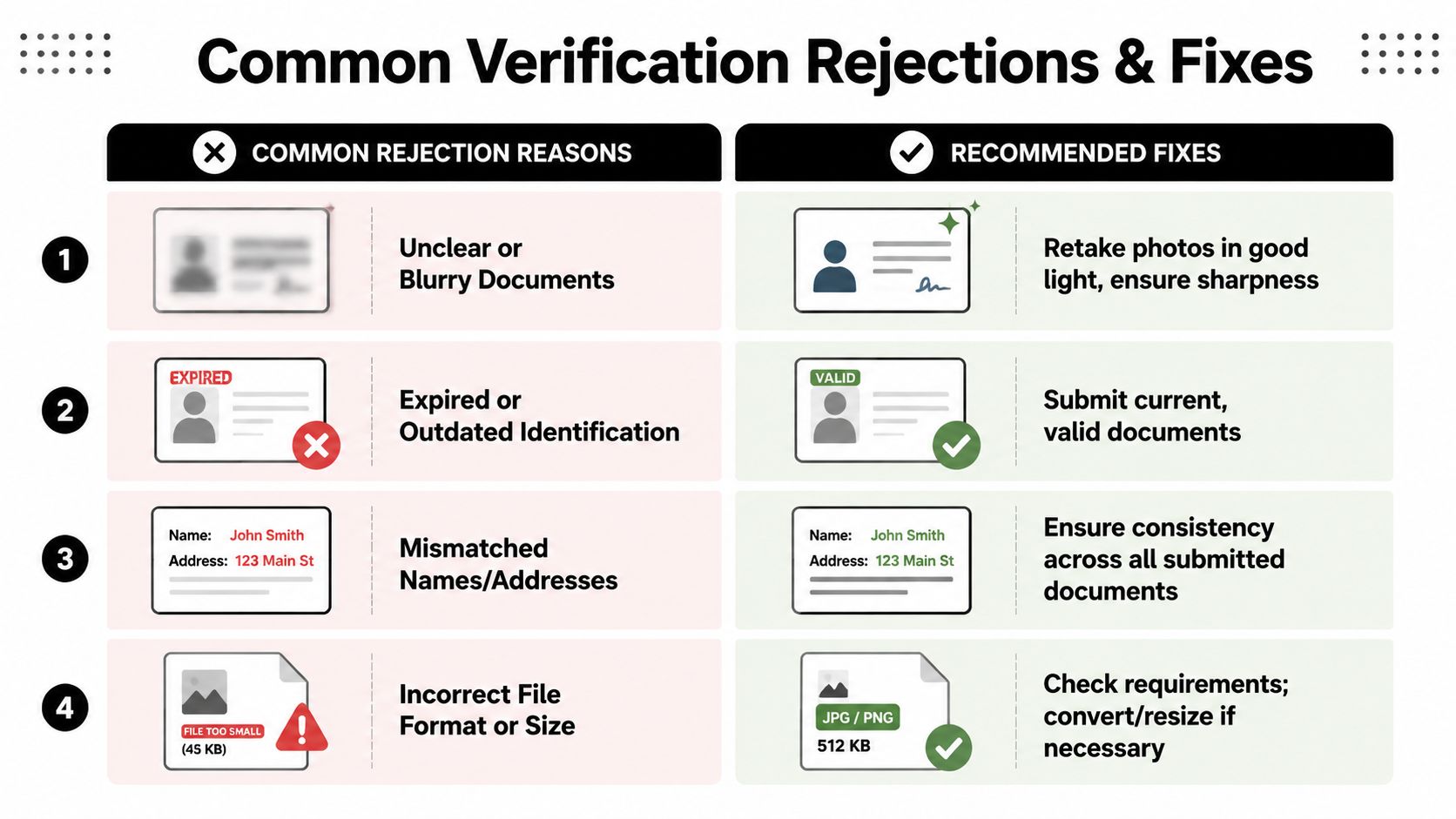 A visual guide outlining common reasons for document verification rejection and recommended steps to fix them.