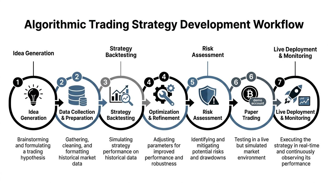 A flowchart diagram illustrating the seven-step workflow for developing an algorithmic trading strategy for financial markets.
