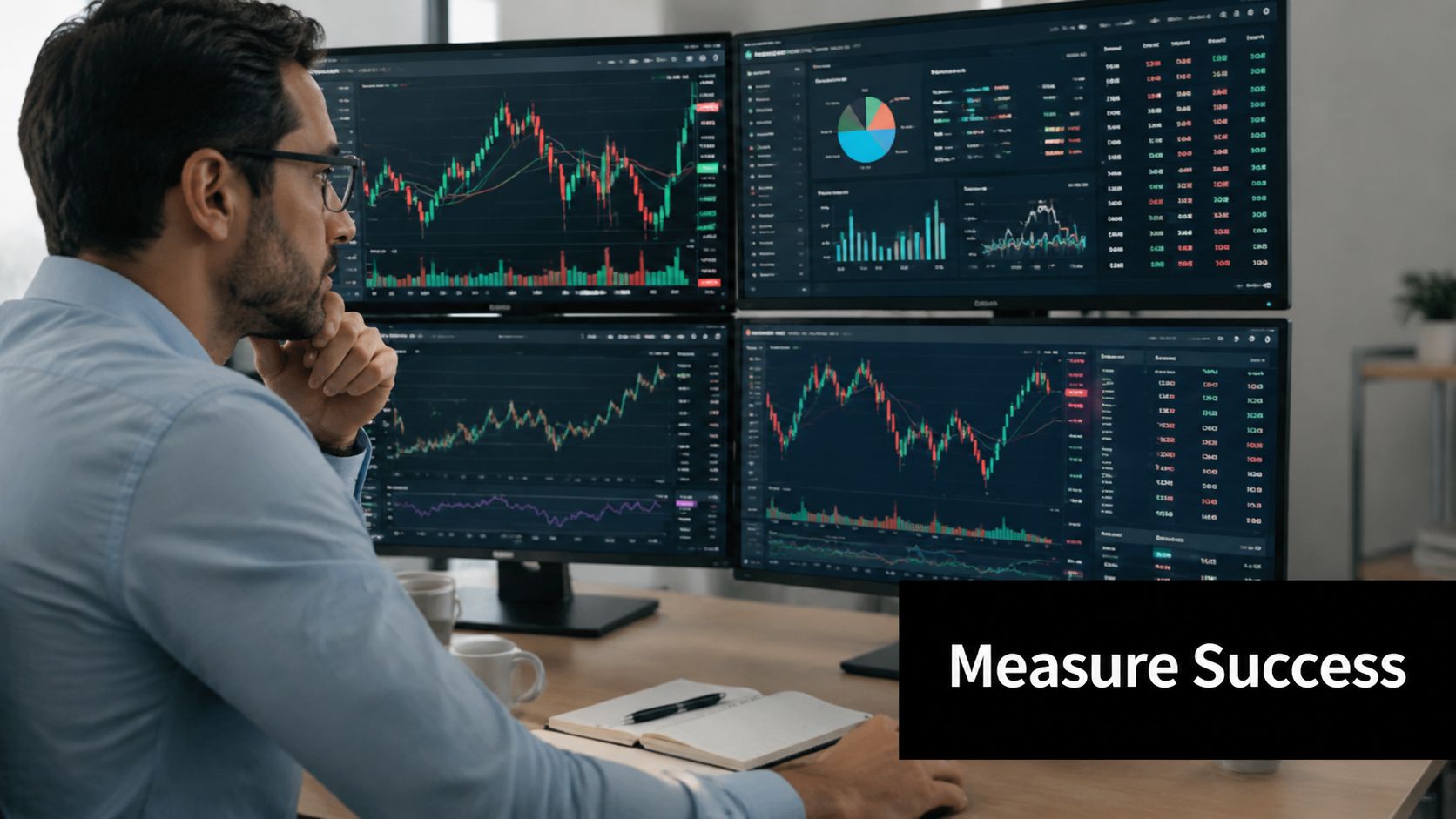 A professional trader analyzing complex financial data and stock market trends on multiple computer monitors.