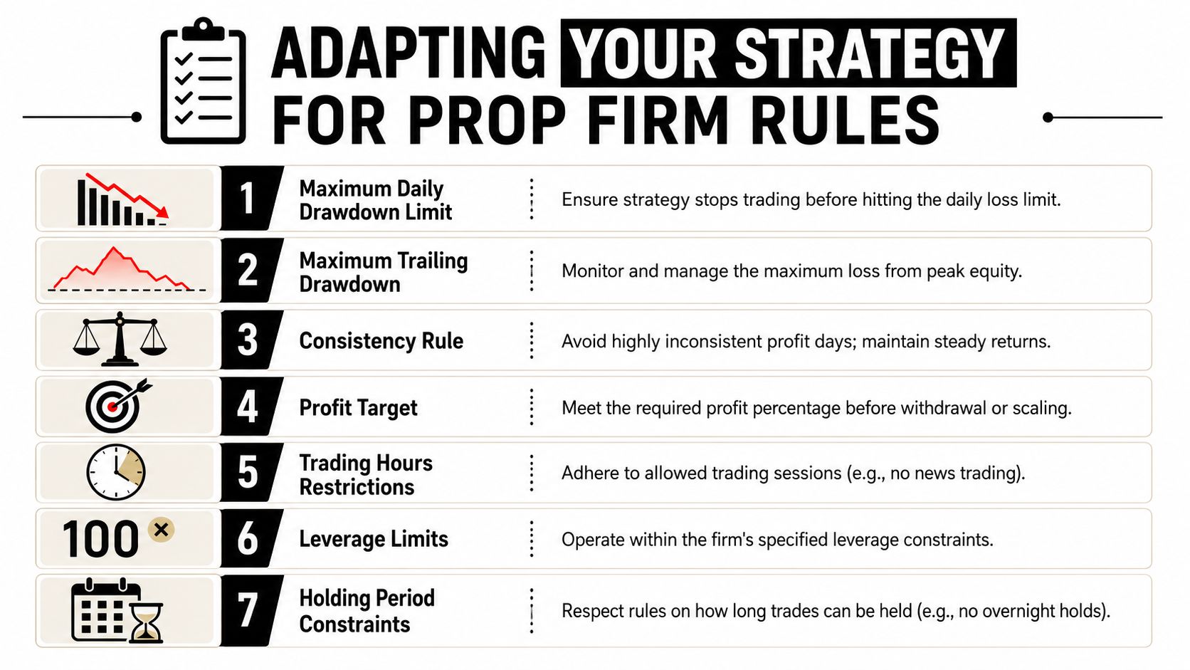 An infographic detailing seven essential rules for adapting a trading strategy to prop firm requirements.