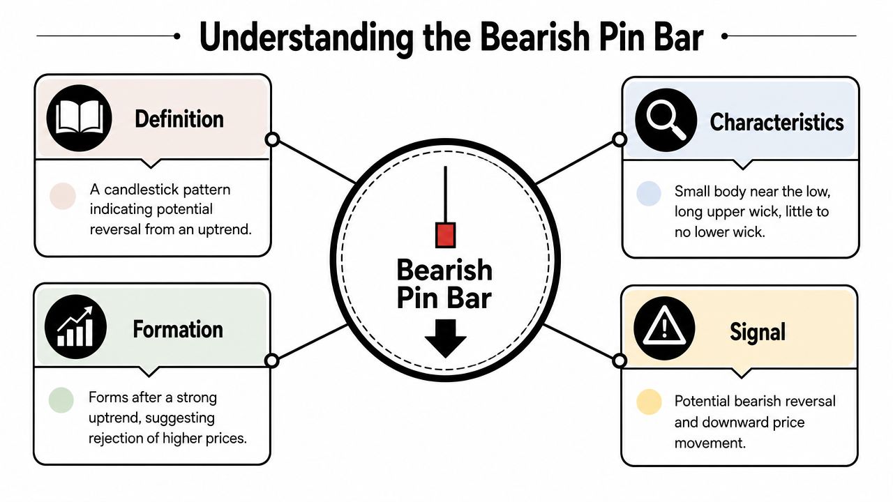 An infographic explaining the definition, characteristics, formation, and trading signals of a bearish pin bar candlestick pattern.