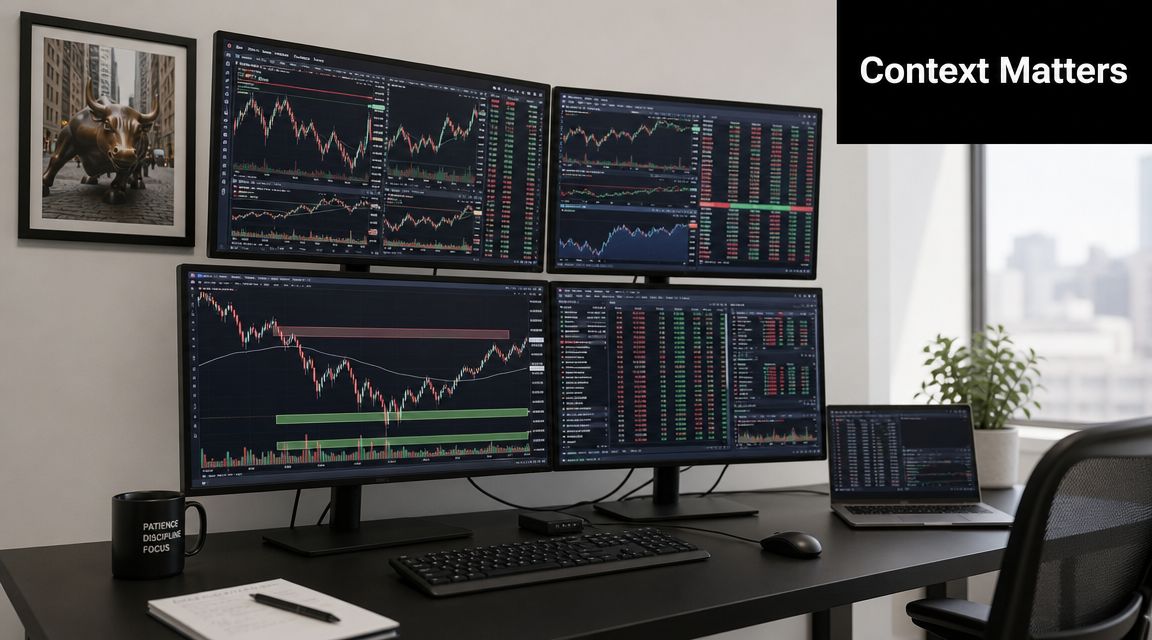 A professional trading desk setup featuring four computer monitors displaying stock market charts and a laptop.