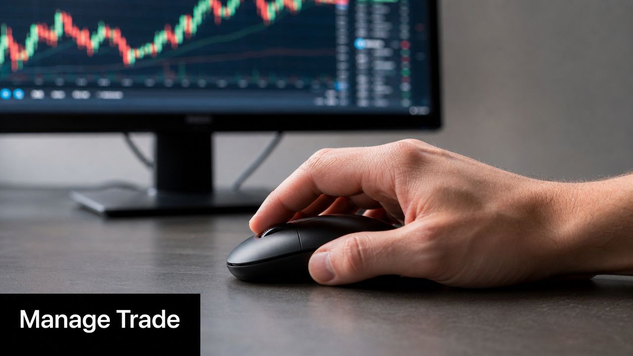 A person using a computer mouse to manage stock trading charts on a monitor screen.
