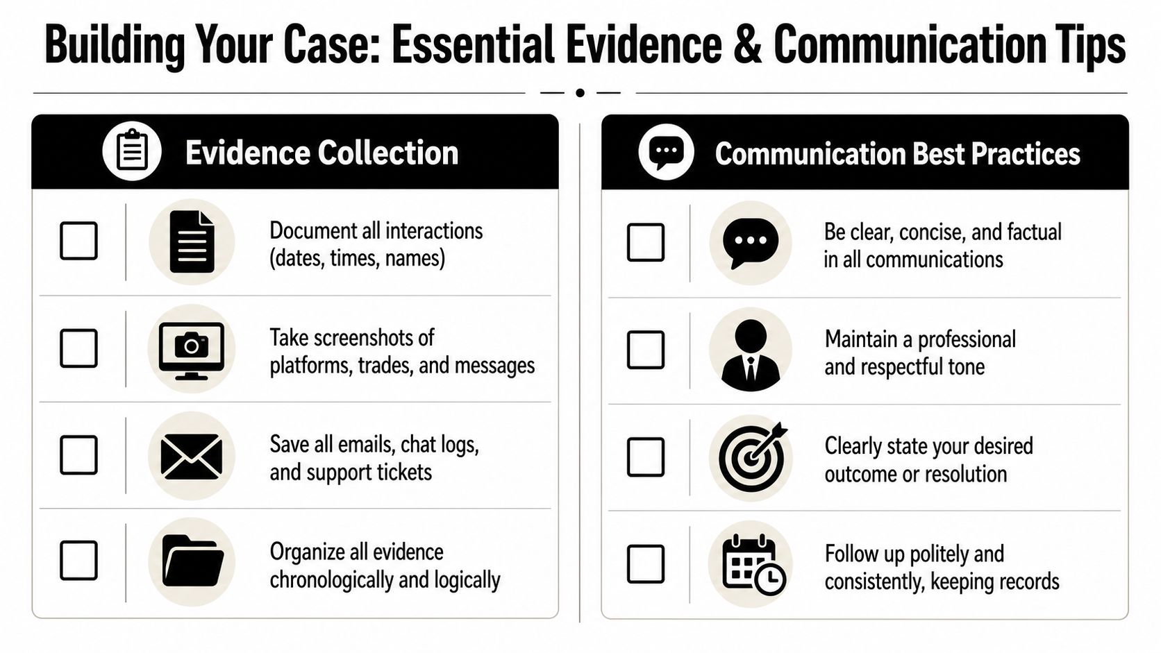 An infographic titled Building Your Case showing tips for evidence collection and communication during dispute resolution.