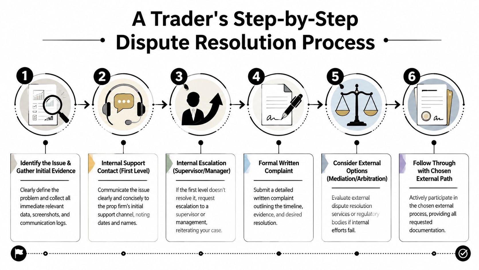 A six-step infographic detailing a trader's formal process for resolving disputes with professional trading firms.