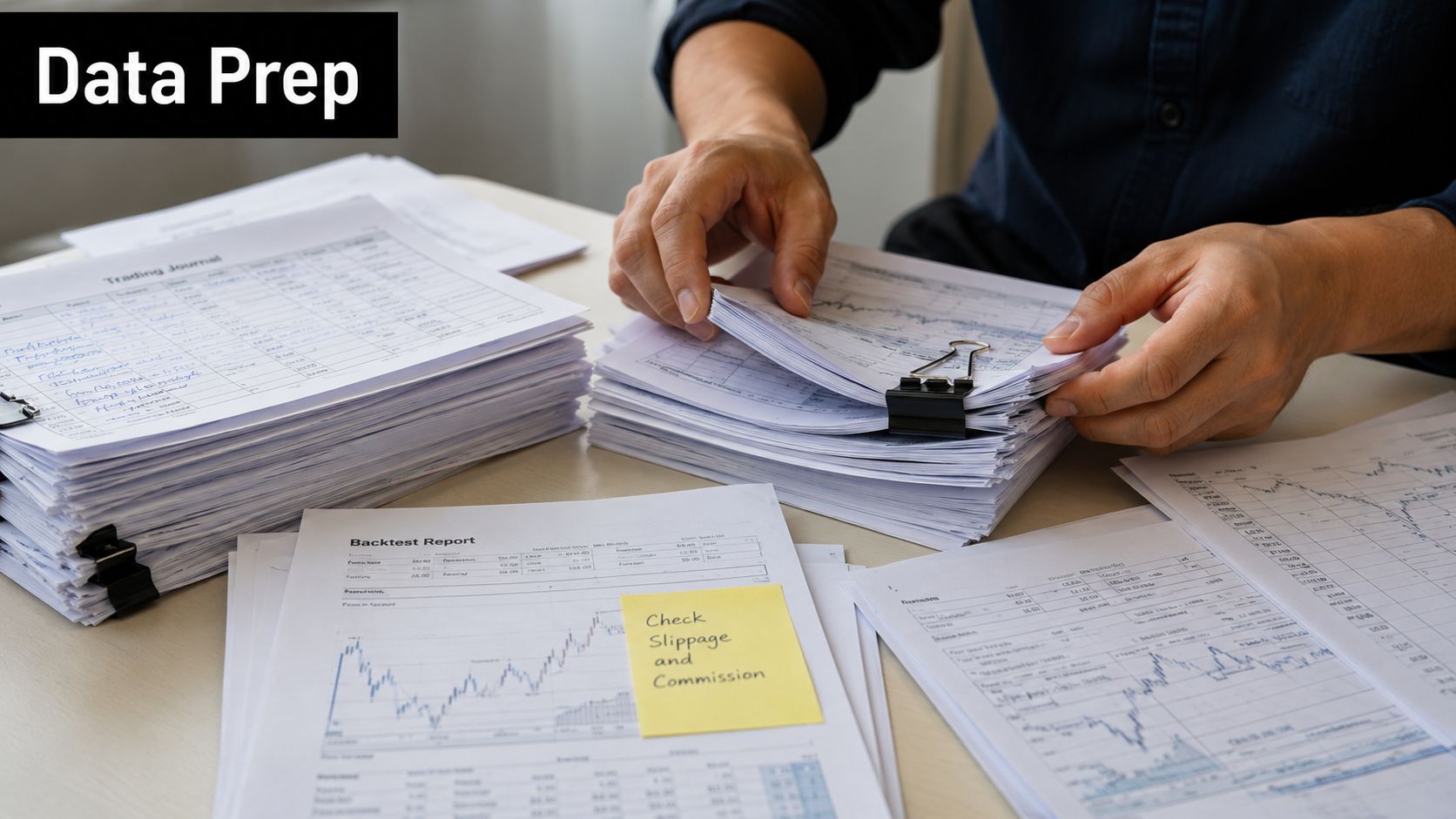A person reviewing financial trading journals and backtest reports on a desk with a note attached.